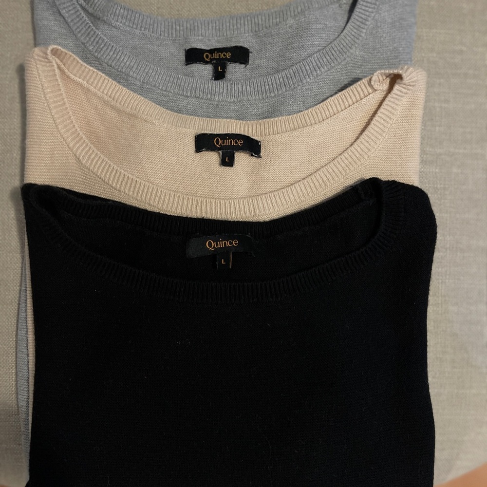 Quince Lightweight Cotton Cashmere Link-Stitch Dolman Sweater Trio